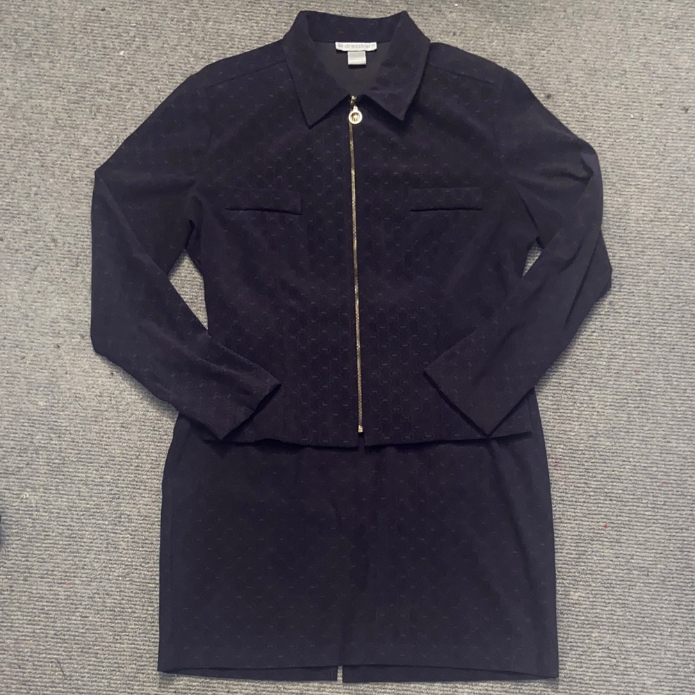 Dressbarn Size 14 Navy Blue Two-Piece Suit Zippered Blazer Jacket & Mini Skirt